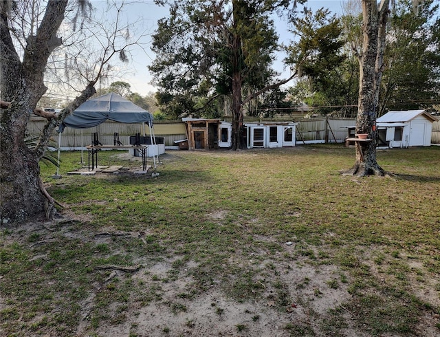 view of yard with a storage shed