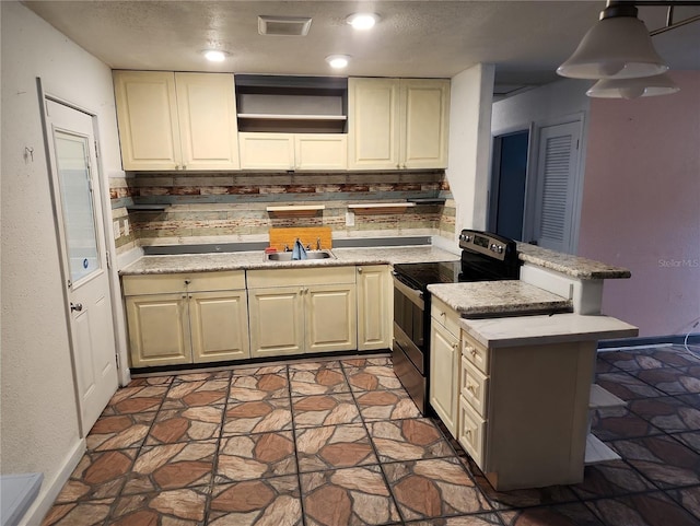 6328 W Park Dr, Homosassa, FL 34446 - kitchen with a peninsula, backsplash, stainless steel electric stove, stone finish flooring, and a sink