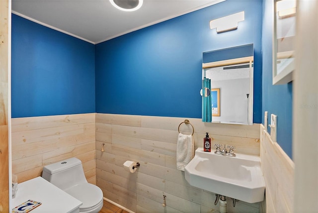 bathroom with sink, wooden walls, and toilet