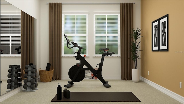 workout area with carpet floors