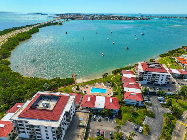 drone / aerial view with a water view