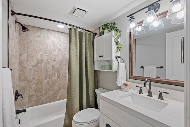 full bathroom with toilet, visible vents, shower / bath combo with shower curtain, and vanity