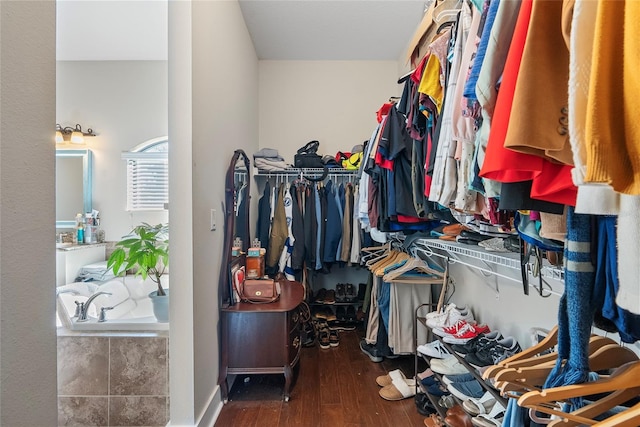 walk in closet with wood finished floors