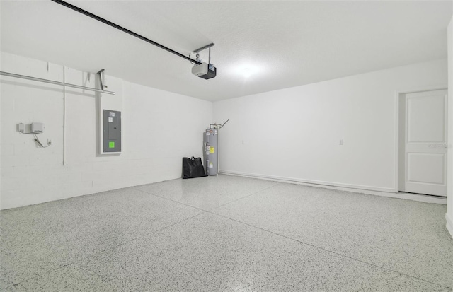 garage featuring water heater, concrete block wall, electric panel, and a garage door opener