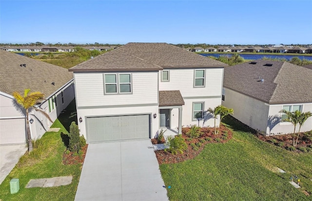 traditional-style home featuring a shingled roof, a garage, a residential view, driveway, and a front lawn