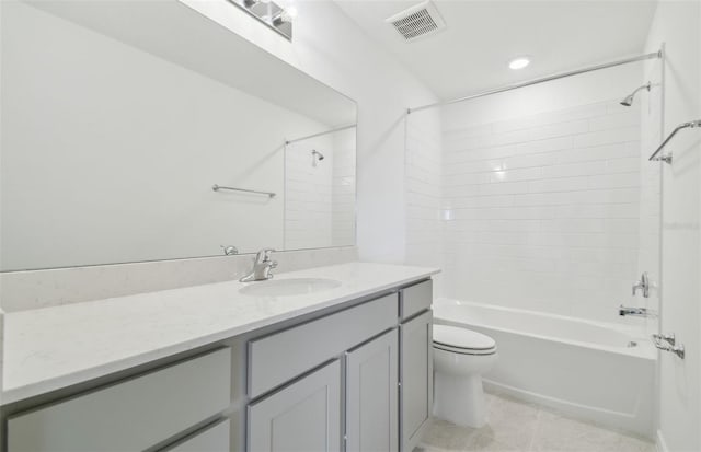 full bath featuring toilet, shower / bath combination, vanity, visible vents, and tile patterned floors