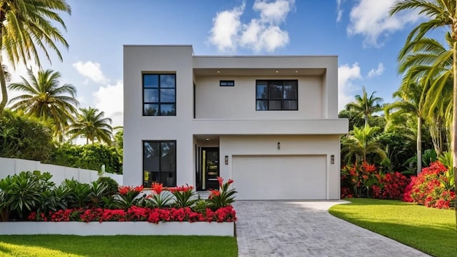 modern home with a garage, decorative driveway, fence, and stucco siding