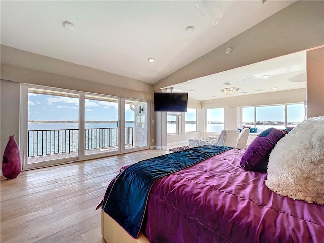 bedroom with access to outside, baseboards, vaulted ceiling, and light wood-style flooring