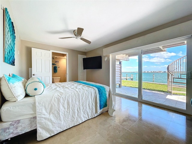 bedroom featuring access to outside and ceiling fan