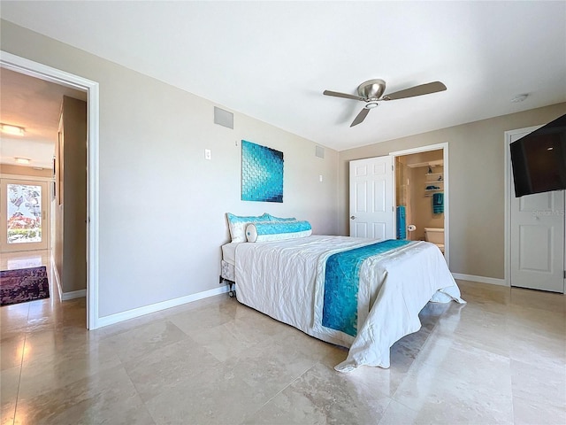 bedroom featuring ceiling fan, visible vents, and baseboards