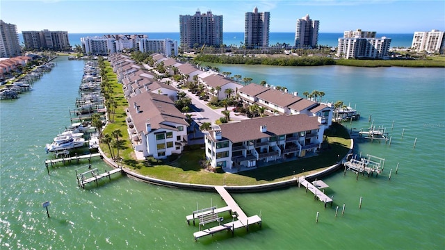 bird's eye view featuring a water view and a city view