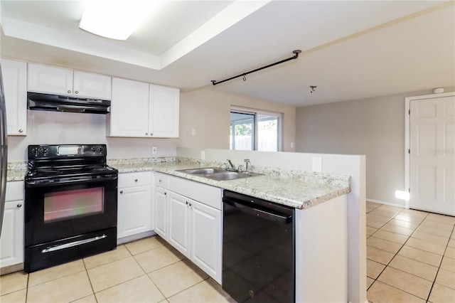 kitchen featuring light tile patterned flooring, black appliances, sink, white cabinets, and kitchen peninsula