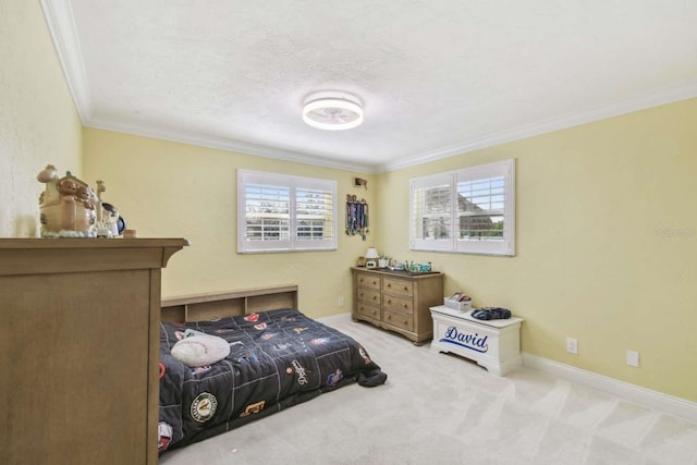 bedroom featuring crown molding, light colored carpet, and a textured ceiling