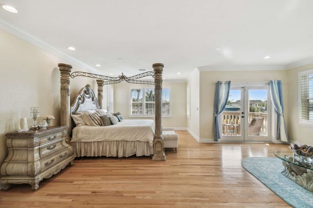 bedroom with ornamental molding, access to exterior, and light wood-type flooring