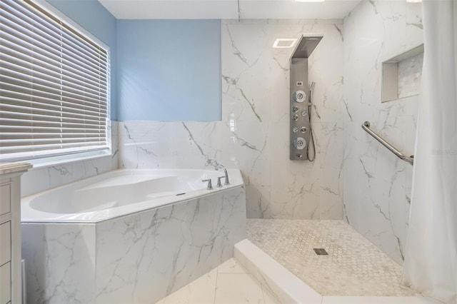 bathroom featuring independent shower and bath and vanity