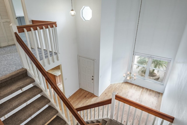 stairs with hardwood / wood-style flooring and a high ceiling