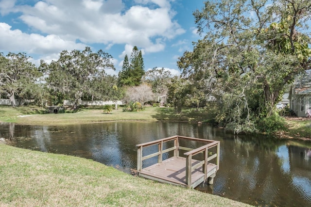 dock area featuring a water view and a yard