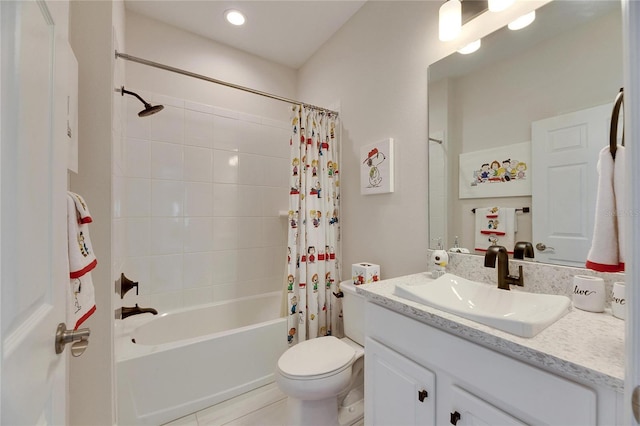 full bath with tile patterned flooring, vanity, toilet, and shower / bathtub combination with curtain