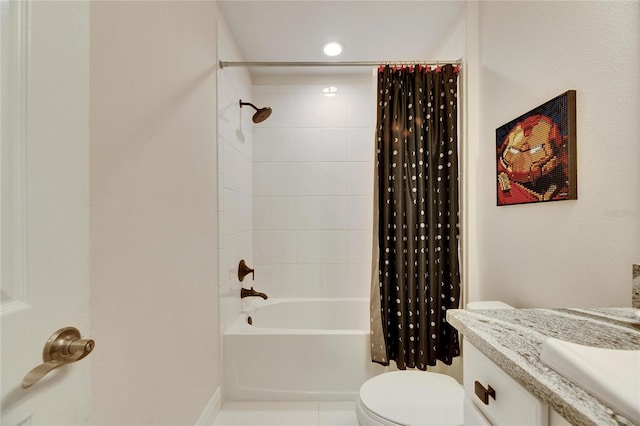 full bath with shower / bath combination with curtain, tile patterned flooring, toilet, and recessed lighting