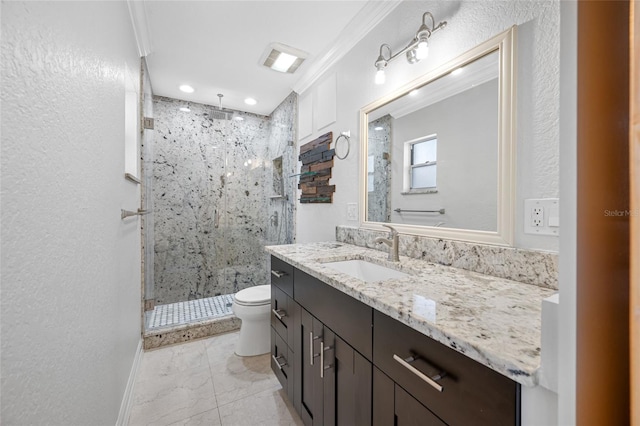 bathroom featuring walk in shower, ornamental molding, vanity, and toilet