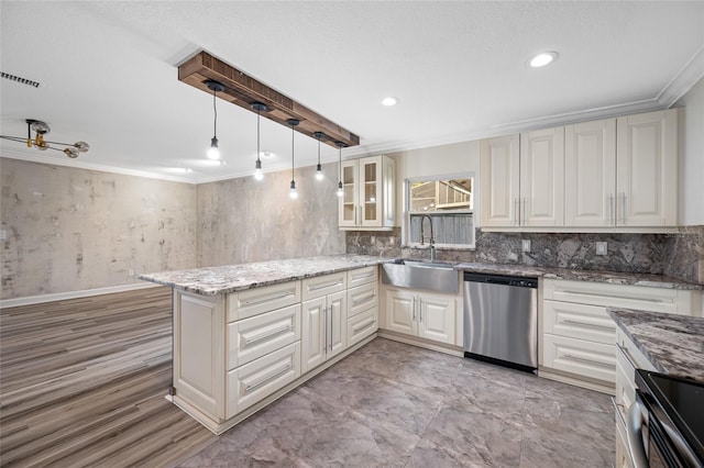 kitchen featuring sink, crown molding, hanging light fixtures, stainless steel dishwasher, and light stone countertops