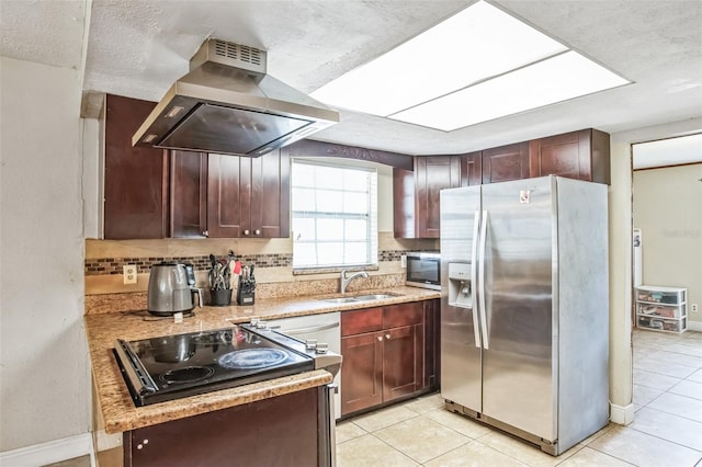 kitchen with sink, appliances with stainless steel finishes, backsplash, island exhaust hood, and light tile patterned flooring