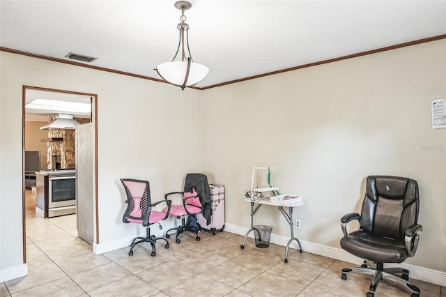 tiled home office with ornamental molding