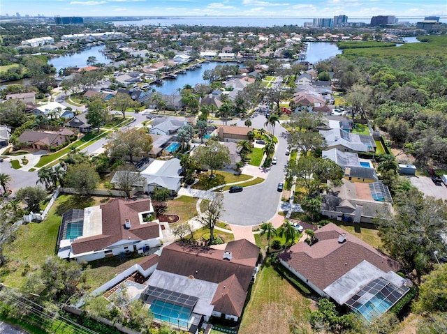 aerial view featuring a water view