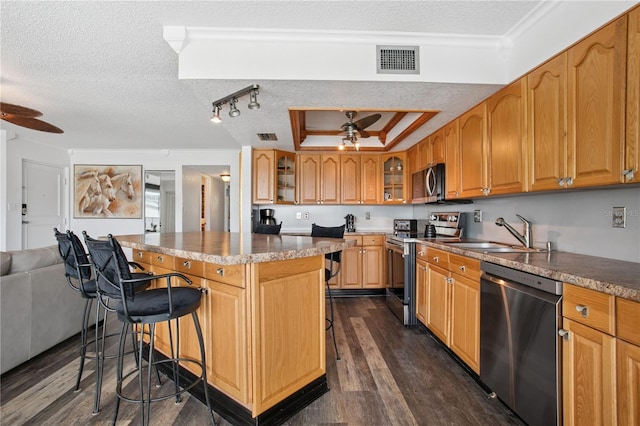 kitchen with a tray ceiling, appliances with stainless steel finishes, ceiling fan, and visible vents