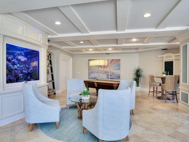 interior space with built in features, coffered ceiling, beamed ceiling, and recessed lighting