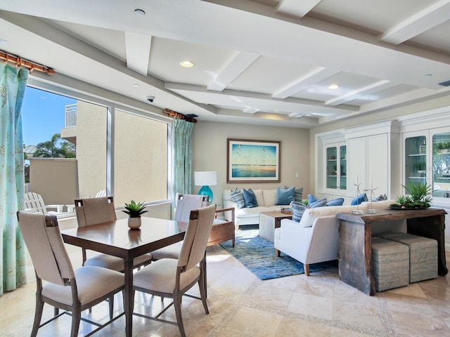 dining room with a wealth of natural light, coffered ceiling, beamed ceiling, and recessed lighting