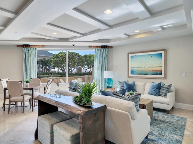 living area with recessed lighting, beam ceiling, coffered ceiling, and baseboards