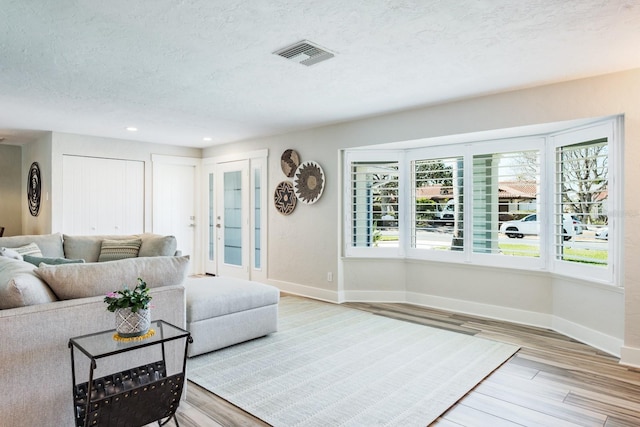 living room featuring wood-type flooring and a textured ceiling