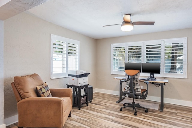 office area featuring ceiling fan and light hardwood / wood-style floors