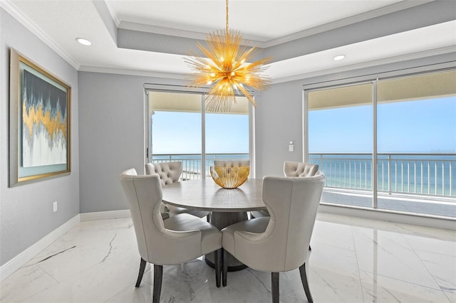 dining area featuring marble finish floor, a notable chandelier, recessed lighting, ornamental molding, and baseboards