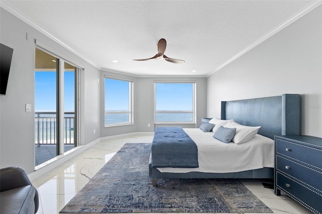 bedroom with marble finish floor, access to outside, baseboards, and ornamental molding