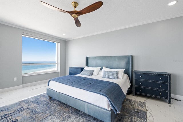 bedroom featuring marble finish floor, recessed lighting, ornamental molding, a ceiling fan, and baseboards