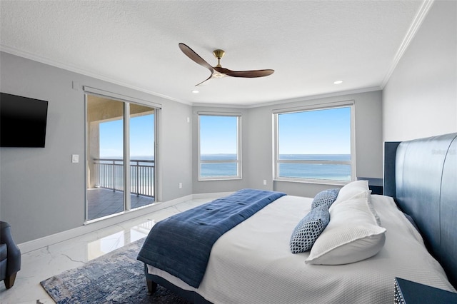 bedroom with marble finish floor, access to outside, baseboards, and a textured ceiling