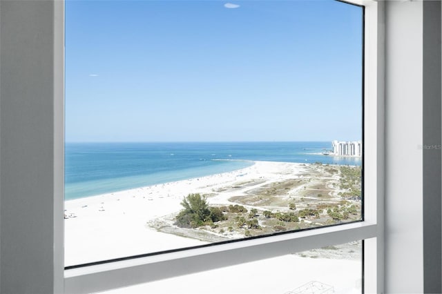 view of water feature with a beach view