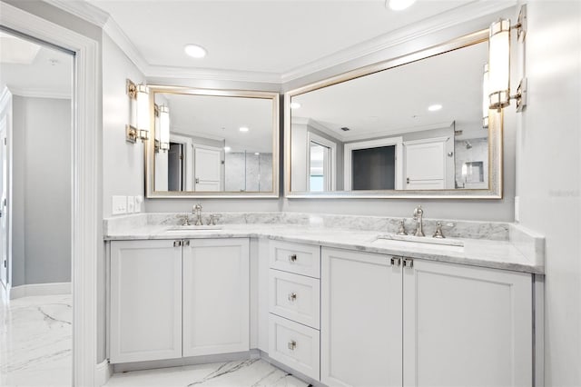 full bathroom featuring crown molding, marble finish floor, a sink, and double vanity