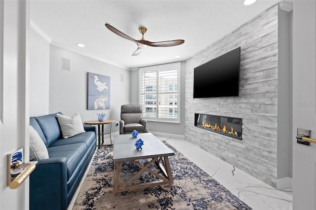 living room with a textured ceiling, marble finish floor, baseboards, and crown molding