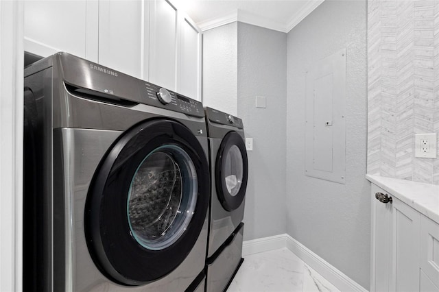 laundry area with marble finish floor, washing machine and dryer, electric panel, and baseboards