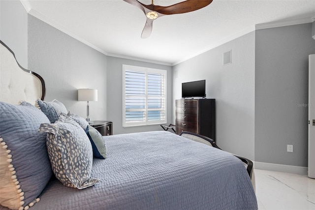 bedroom featuring marble finish floor, baseboards, visible vents, and crown molding