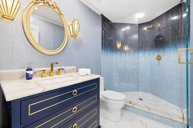 full bathroom with marble finish floor, toilet, ornamental molding, vanity, and walk in shower