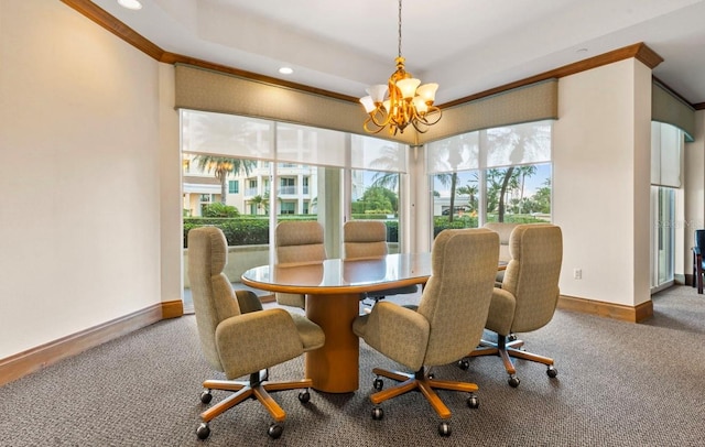 dining room featuring a chandelier, carpet floors, recessed lighting, and baseboards