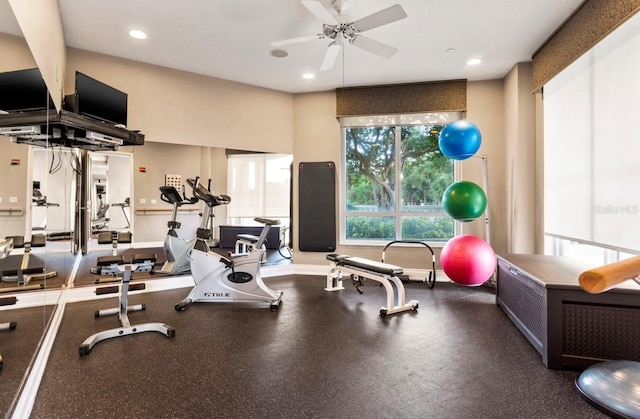 gym with ceiling fan, baseboards, and recessed lighting