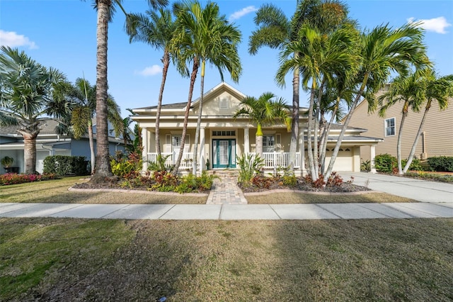 view of front of house featuring a garage, a porch, and a front lawn