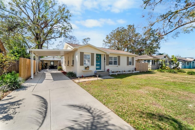 single story home with a front lawn and a carport