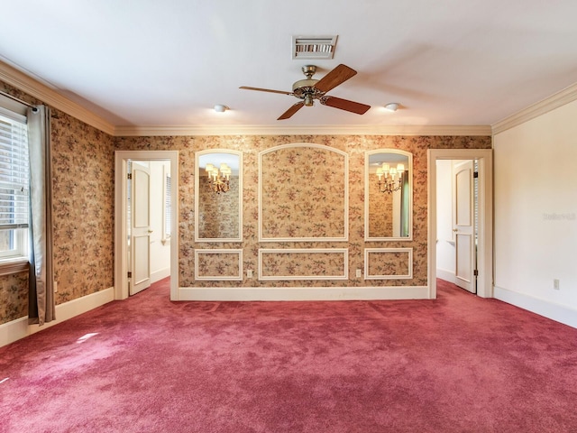 5020 S Shore Crest Cir, Tampa, FL 33609 - carpeted spare room with baseboards, ornamental molding, visible vents, and a ceiling fan