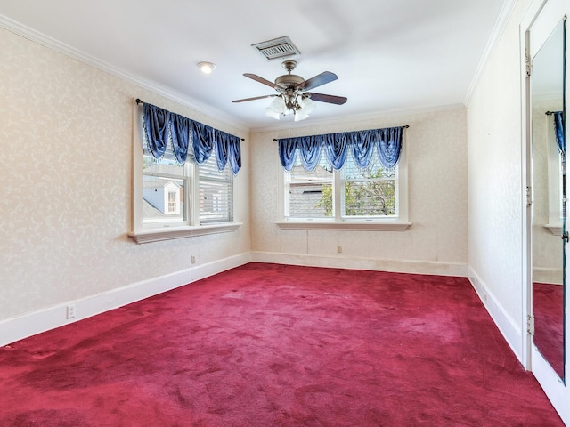 5020 S Shore Crest Cir, Tampa, FL 33609 - unfurnished room featuring visible vents, carpet, baseboards, ornamental molding, and a ceiling fan